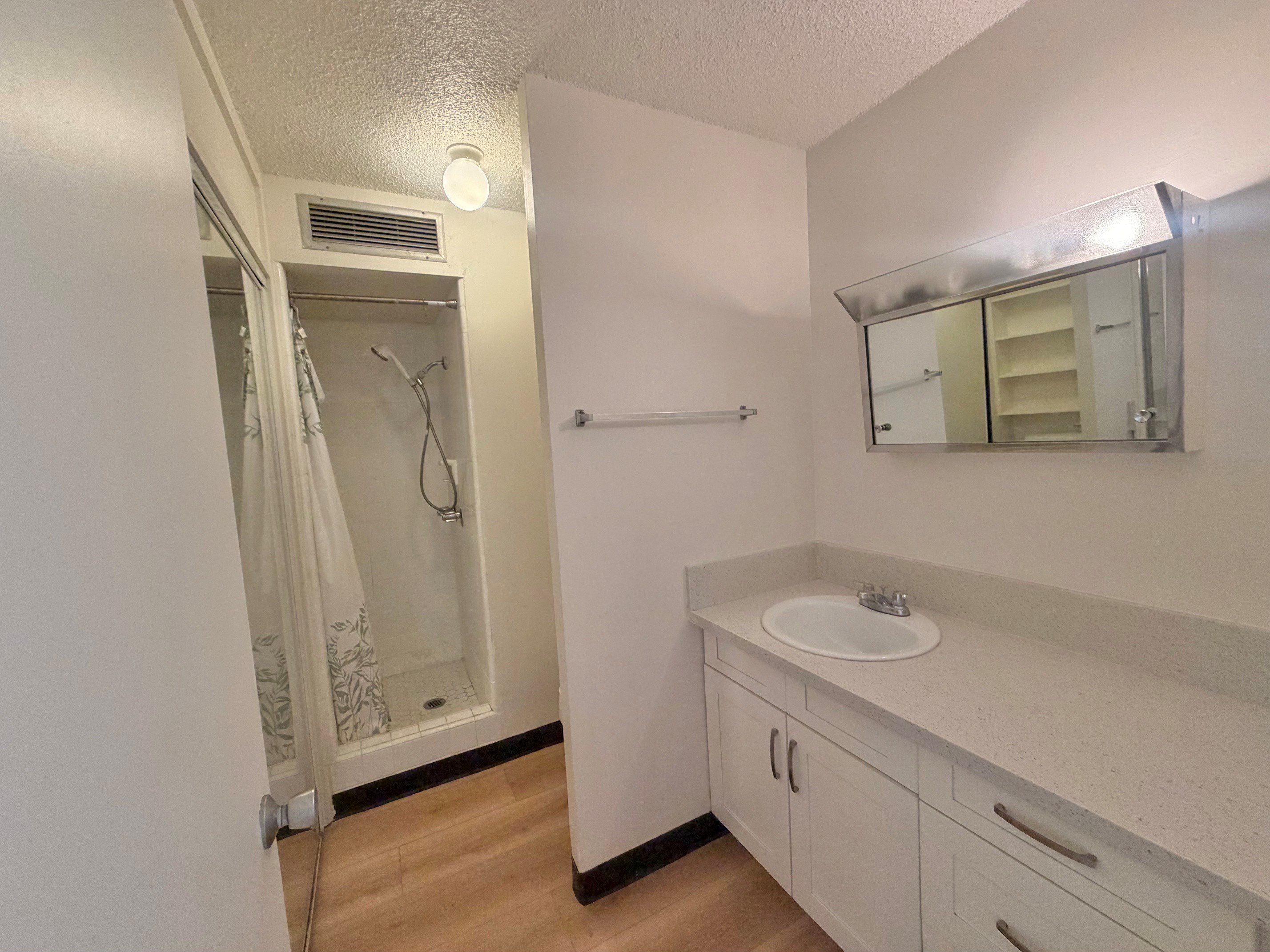 A bathroom with a sink, mirror, and shower.